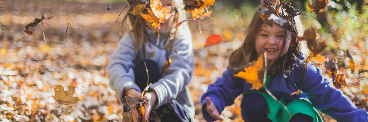 kleine kinderen spelend in de gevallen herfstbladeren