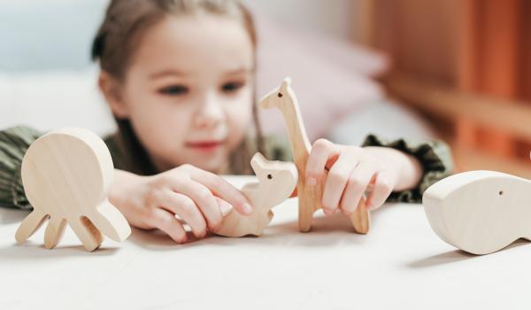 Meisje dat speel met houten speelgoed