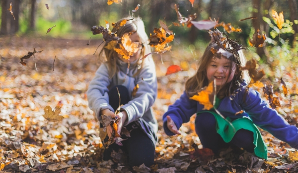 kleine kinderen spelend in de gevallen herfstbladeren