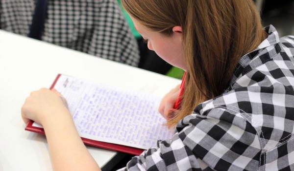 Jouwe vrouw met geruit hemd die notities maakt