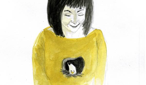Een tekening van een vrouw met een nest met een vogelje in op de plaats waar haar hart norpmaal zit