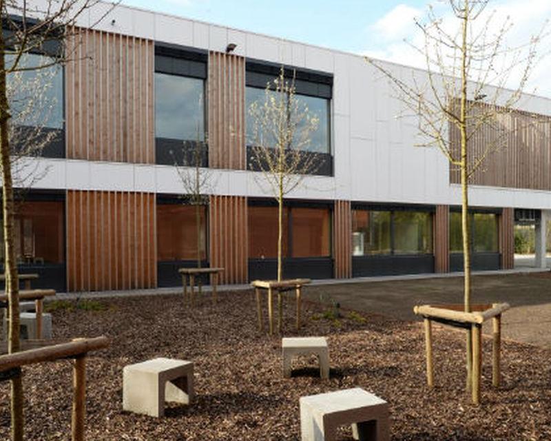 Een mooi modern gebouw waar nieuws bomen zijn geplant
