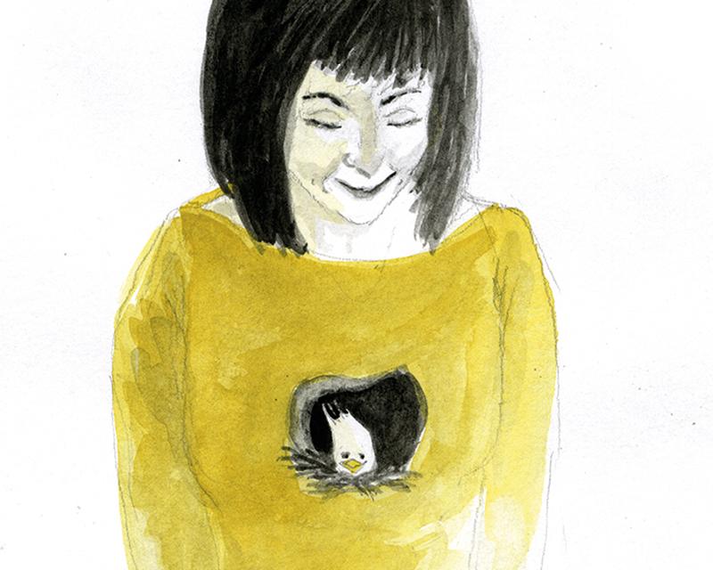 Een tekening van een vrouw met een nest met een vogelje in op de plaats waar haar hart norpmaal zit