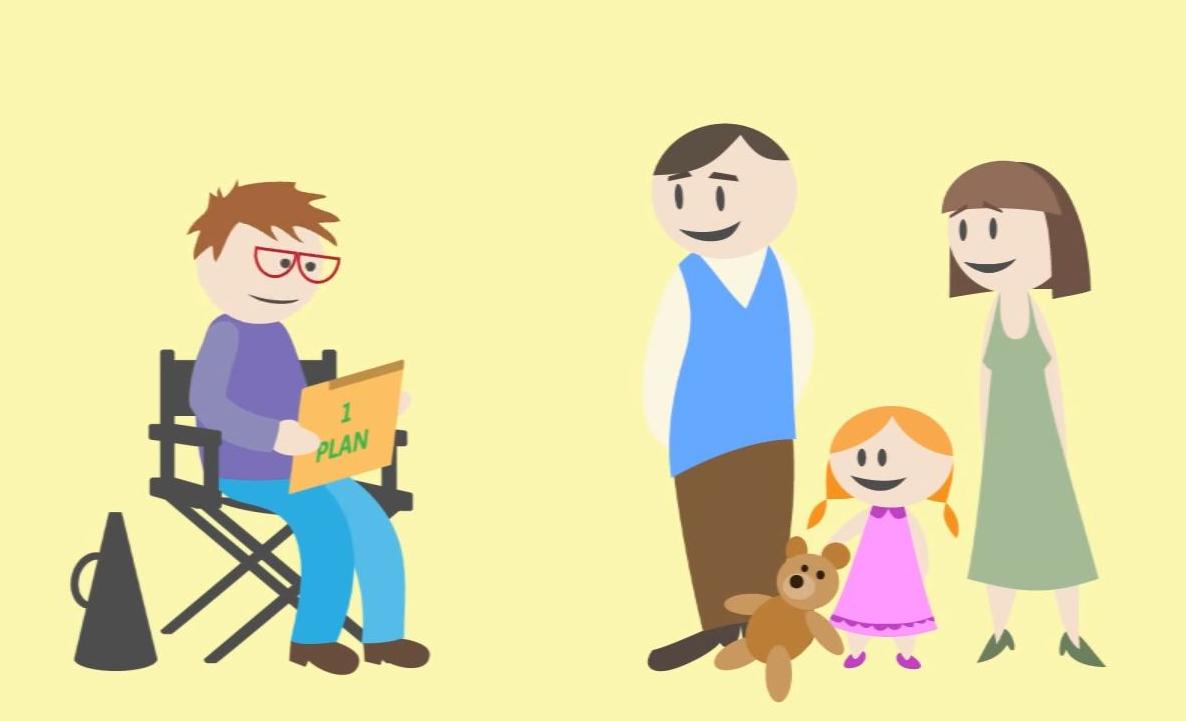 Screenshot van een filmpje. Een tekening van een familie die op maat wordt ondersteund.