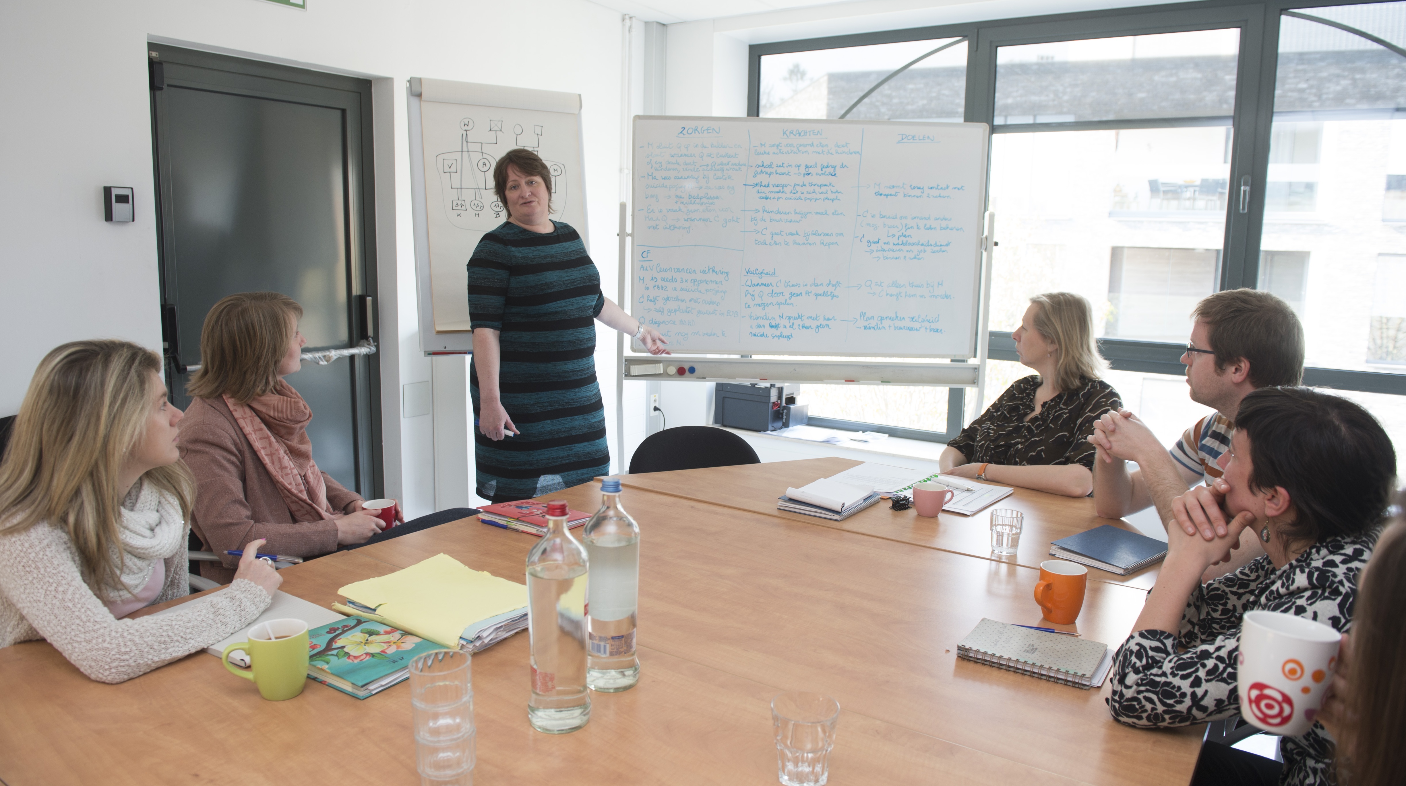 Een groep die een plan van aanpak bespreekt. Er wordt een situatie omschrven op een whiteboard en de discussie gaat over die specifieke situatie en de beste manier om te helpen.